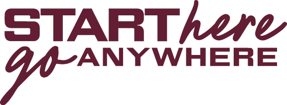 Start Here Go Anywhere Wordmark, maroon variant, cell 19