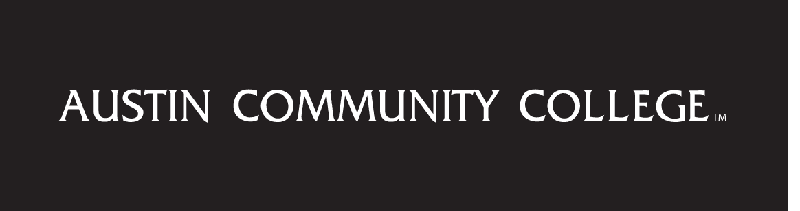 Austin Community College wordmark, reverse white variant, cell 18