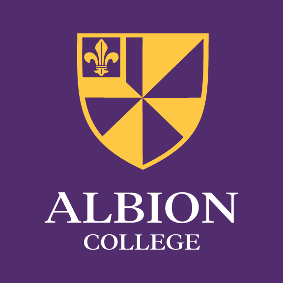 Albion College shield logo, full color vertical lockup on purple variant, cell 2