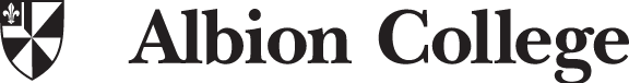 Albion College shield logo, black horizontal lockup variant, cell 9