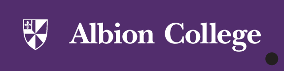 Albion College shield logo, white knockout horizontal lockup on purple variant, cell 10