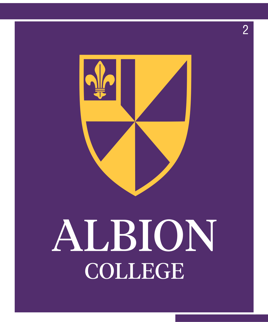 Albion College shield logo, full color vertical lockup on purple variant, cell 2
