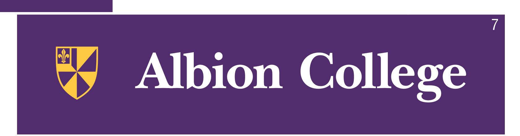 Albion College shield logo, full color horizontal lockup on purple variant, cell 7