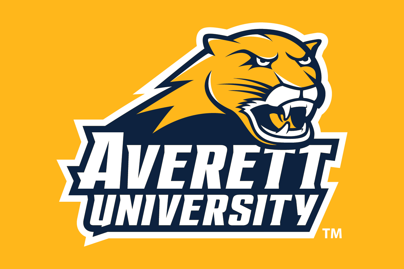 Averett University wordmark with cougar head, full color on orange variant, cell 73