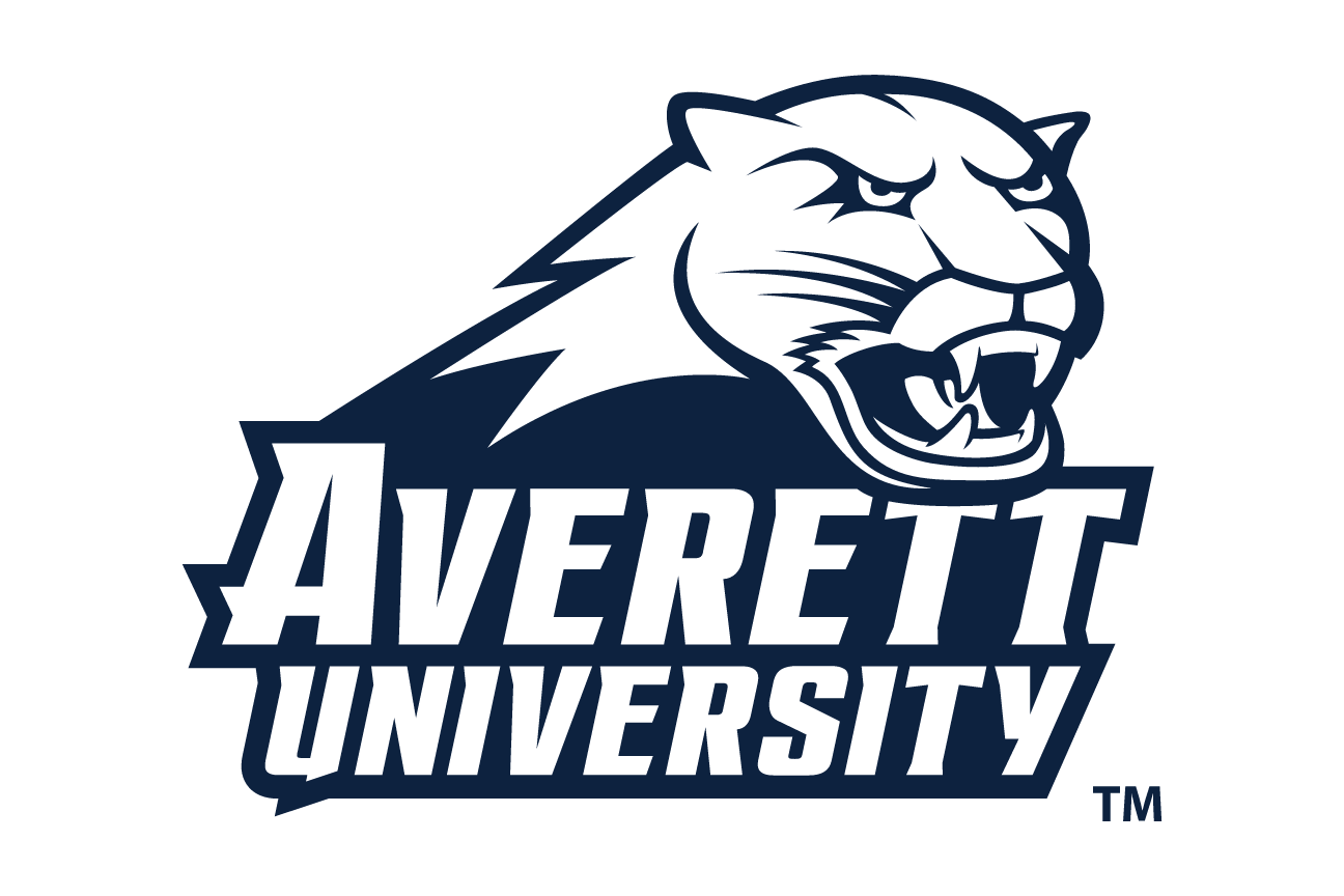 Averett University wordmark with cougar head, black/white variant, cell 75