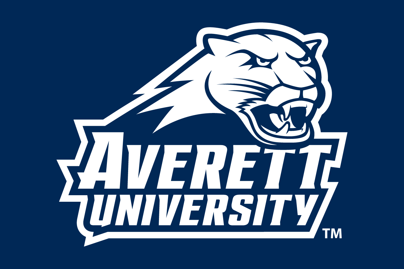 Averett University wordmark with cougar head, white/navy on navy variant, cell 77