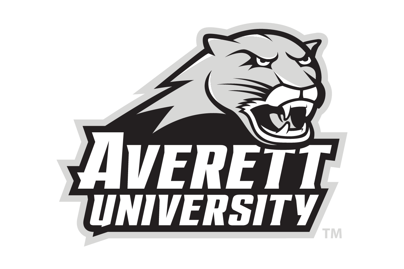 Averett University wordmark with cougar head, grayscale variant, cell 78