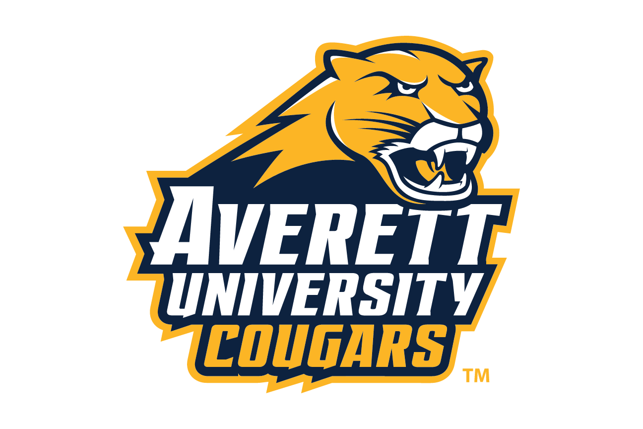 Averett University Cougars wordmark with cougar head, stacked full color variant, cell 80