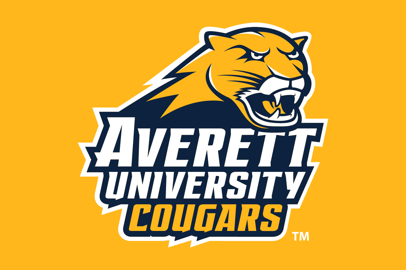 Averett University Cougars wordmark with cougar head, stacked full color on orange variant, cell 81