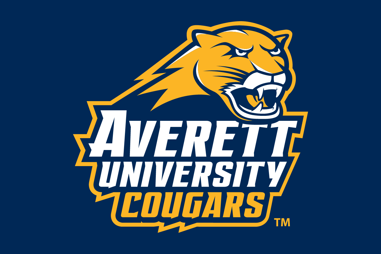 Averett University Cougars wordmark with cougar head, stacked full color on navy variant, cell 82