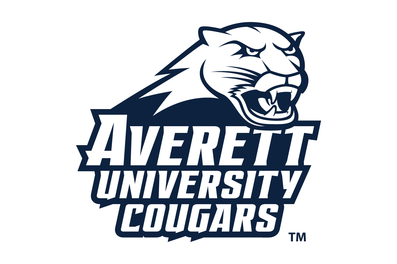 Averett University Cougars wordmark with cougar head, stacked black/white variant, cell 83