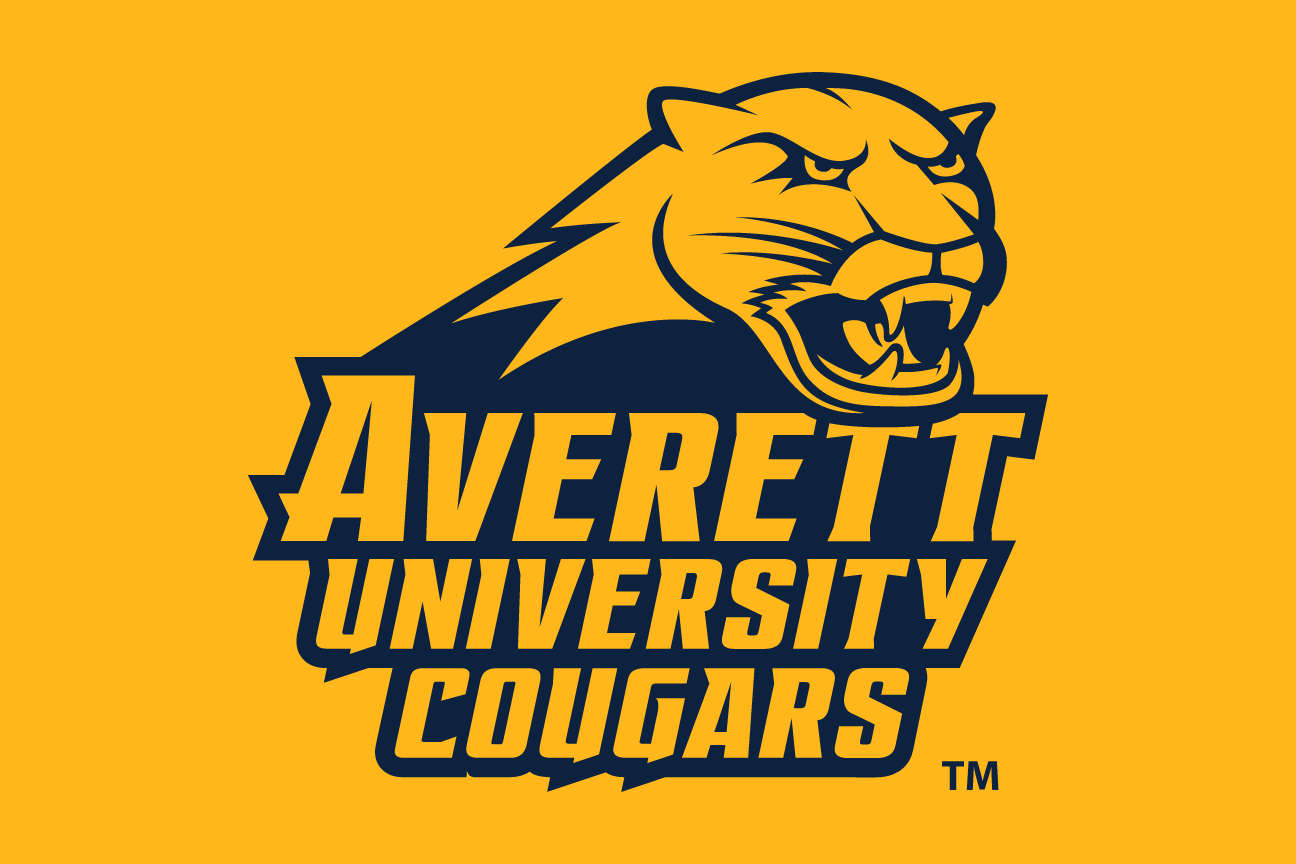 Averett University Cougars wordmark with cougar head, stacked navy/white on orange variant, cell 84