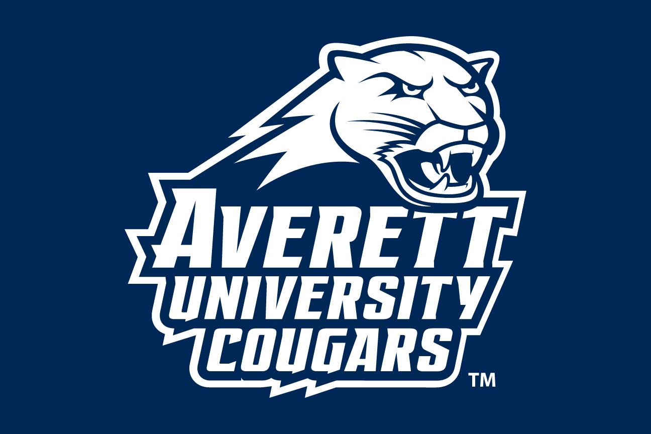 Averett University Cougars wordmark with cougar head, stacked white/navy on navy variant, cell 85