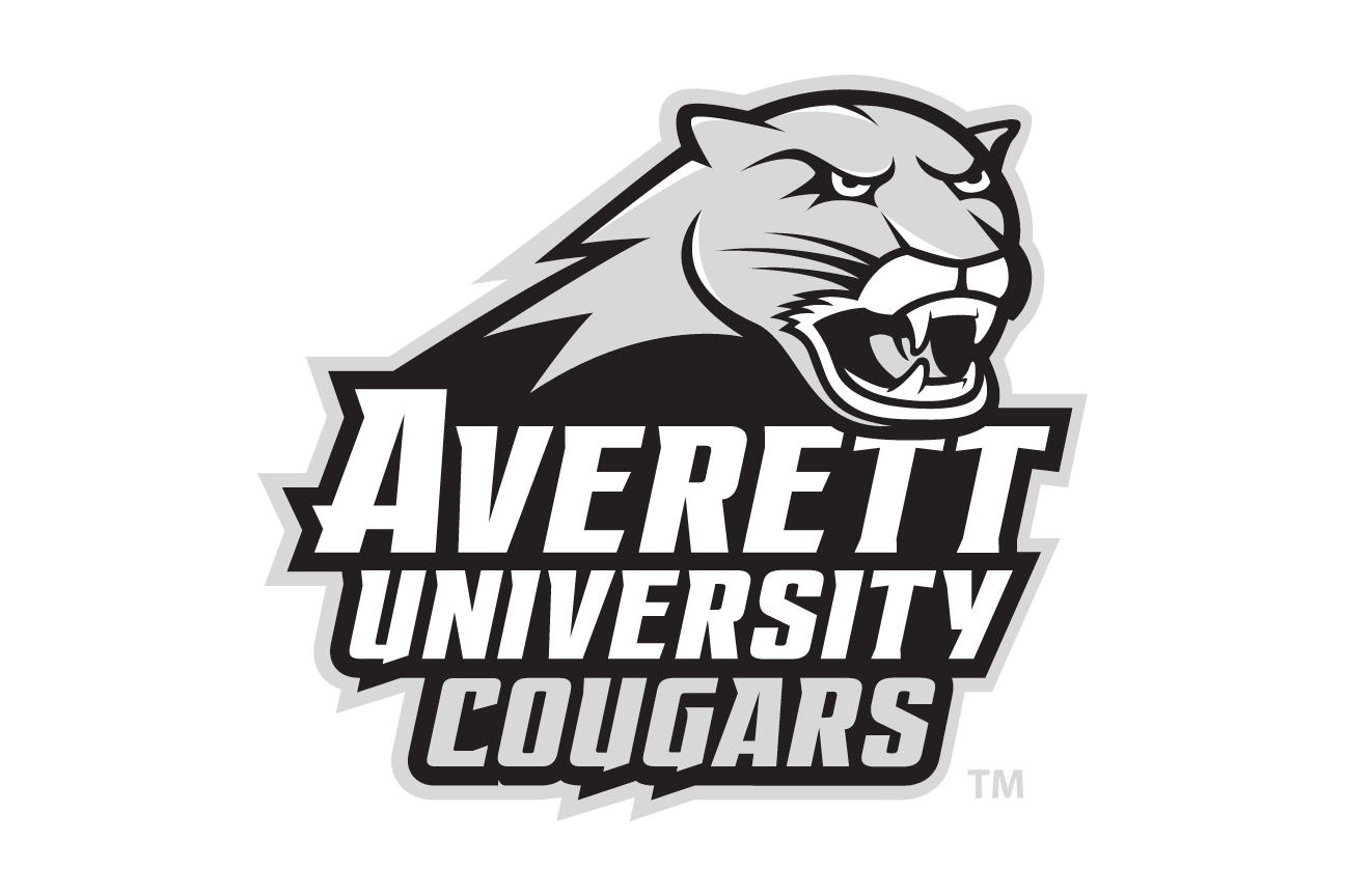 Averett University Cougars wordmark with cougar head, stacked grayscale variant, cell 86