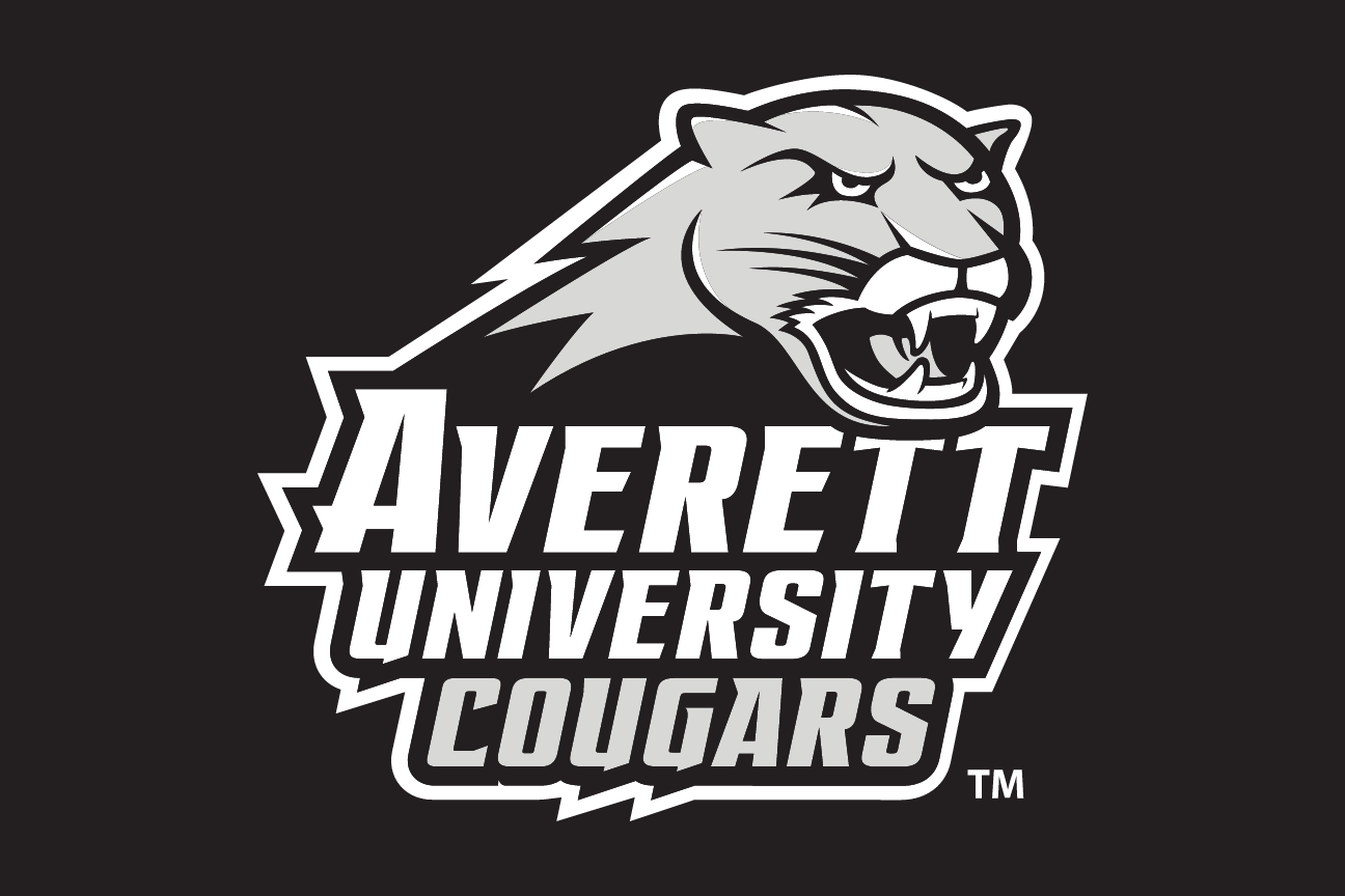 Averett University Cougars wordmark with cougar head, stacked grayscale on black variant, cell 87