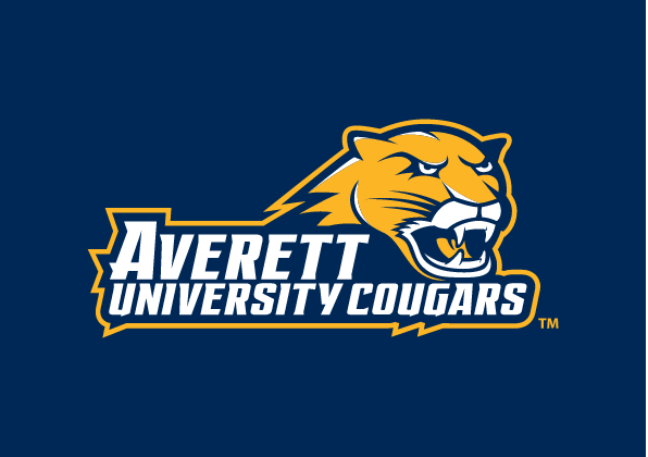 Averett University Cougars wordmark with cougar head, horizontal banner full color on navy variant, cell 90