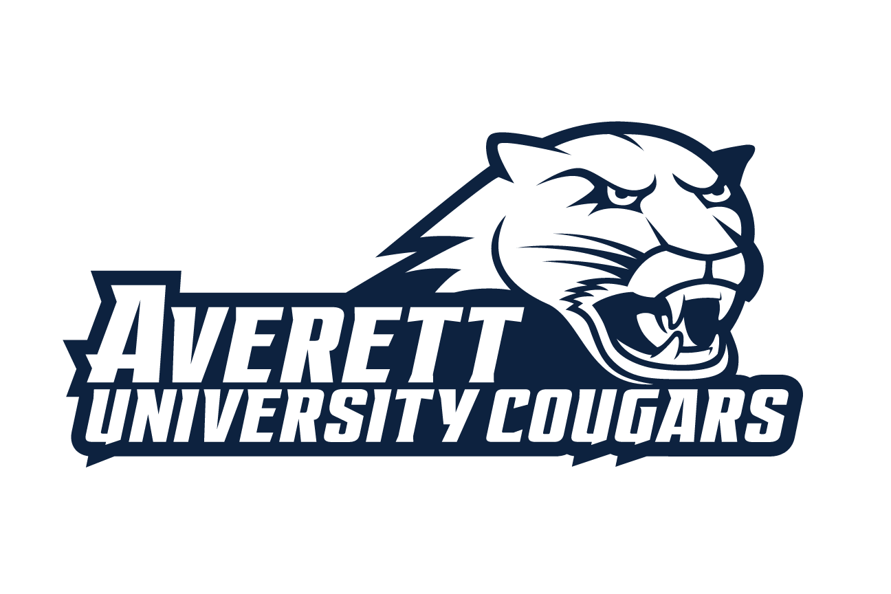 Averett University Cougars wordmark with cougar head, horizontal banner black/white variant, cell 91