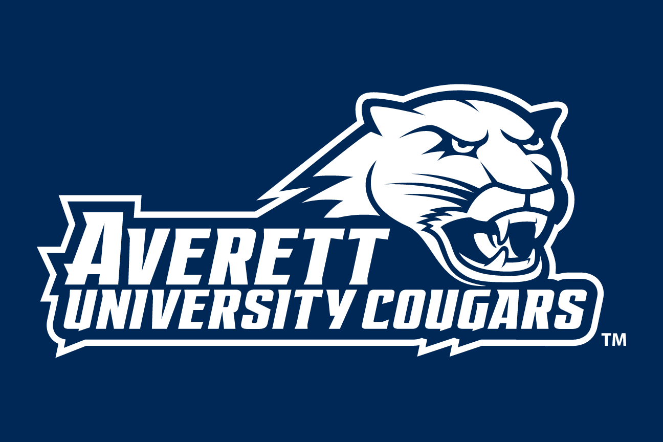 Averett University Cougars wordmark with cougar head, horizontal banner white/navy on navy variant, cell 93