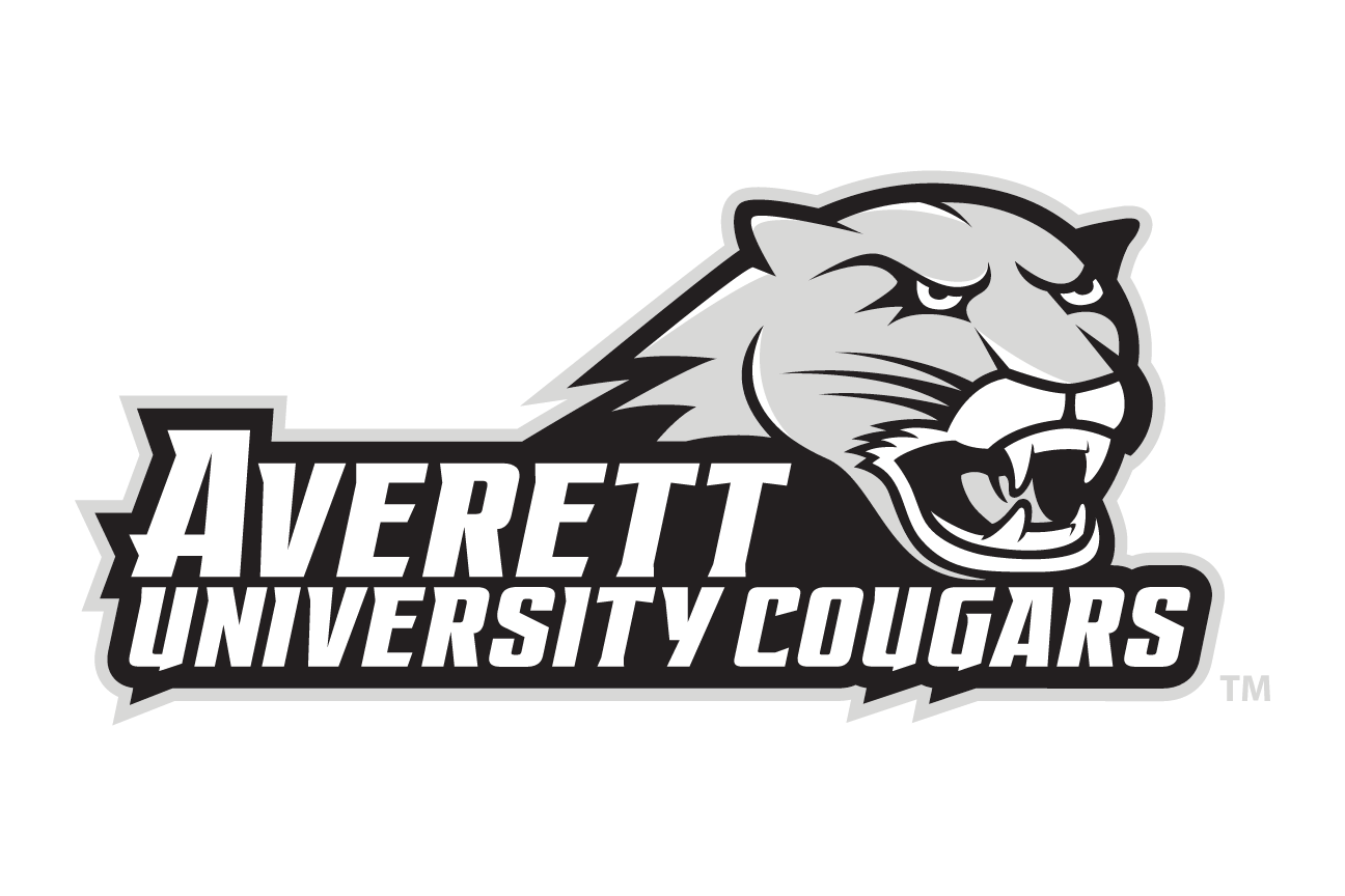 Averett University Cougars wordmark with cougar head, horizontal banner grayscale variant, cell 94