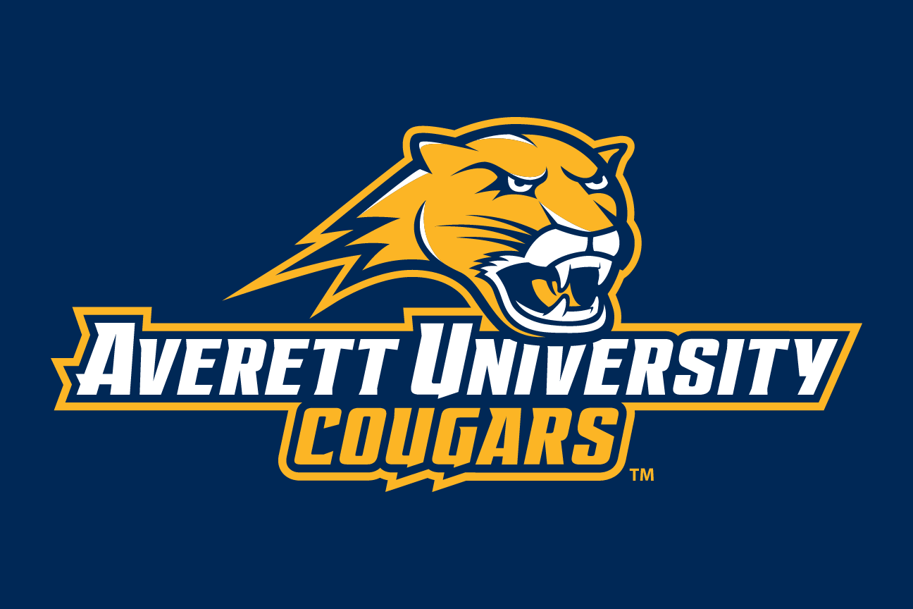 Averett University Cougars wordmark with cougar head, horizontal full color on navy variant, cell 98