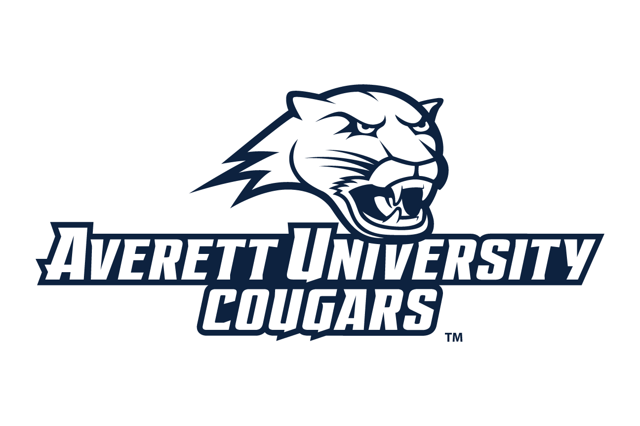 Averett University Cougars wordmark with cougar head, horizontal black/white variant, cell 99