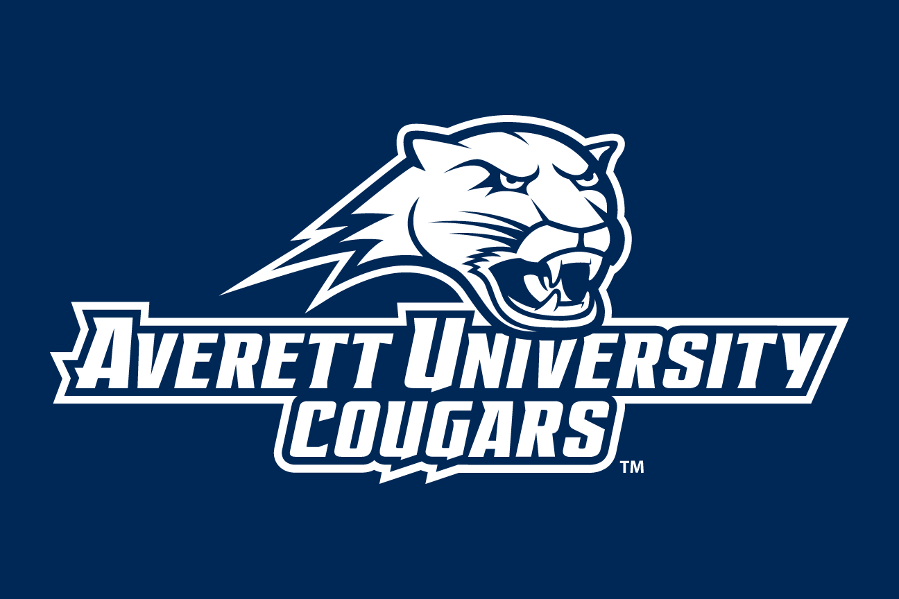 Averett University Cougars wordmark with cougar head, horizontal white/navy on navy variant, cell 101