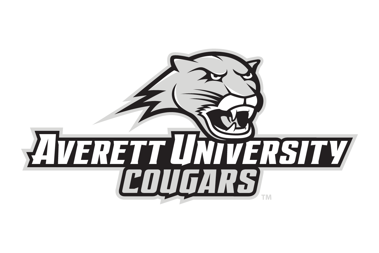 Averett University Cougars wordmark with cougar head, horizontal grayscale variant, cell 102