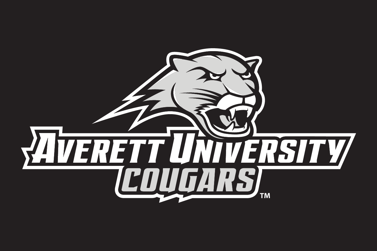 Averett University Cougars wordmark with cougar head, horizontal grayscale on black variant, cell 103