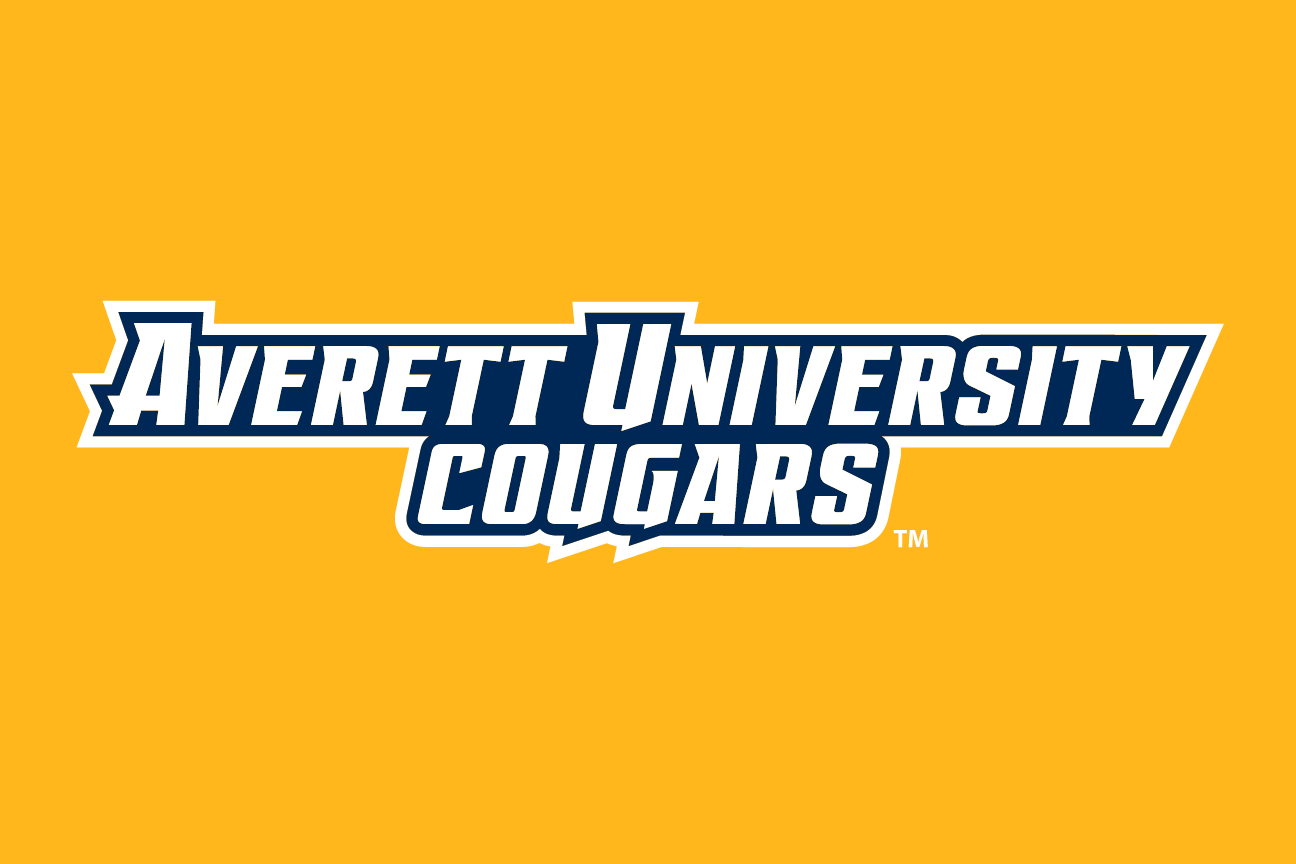 Averett University Cougars wordmark, navy and white on gold variant, cell 129