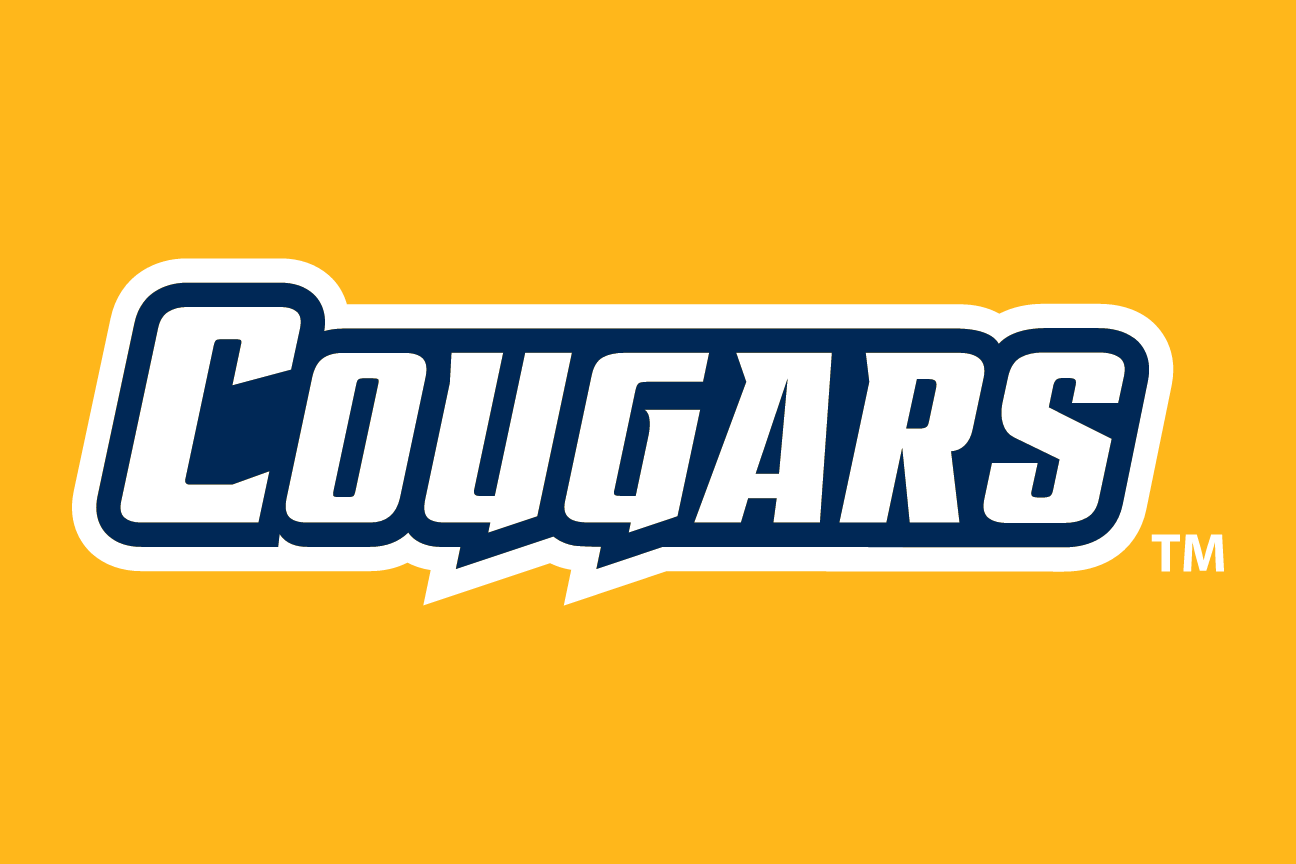 Cougars wordmark, navy and white on gold variant, cell 145