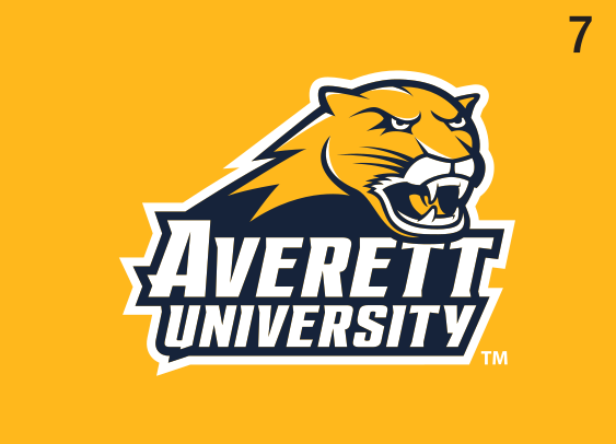 Averett University wordmark with cougar head, full color on orange variant, cell 73