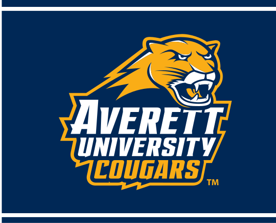 Averett University Cougars wordmark with cougar head, stacked full color on navy variant, cell 82