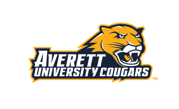 Averett University Cougars wordmark with cougar head, horizontal banner full color variant, cell 88