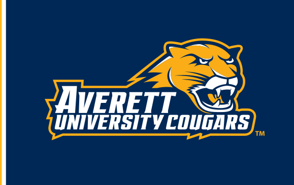 Averett University Cougars wordmark with cougar head, horizontal banner full color on navy variant, cell 90