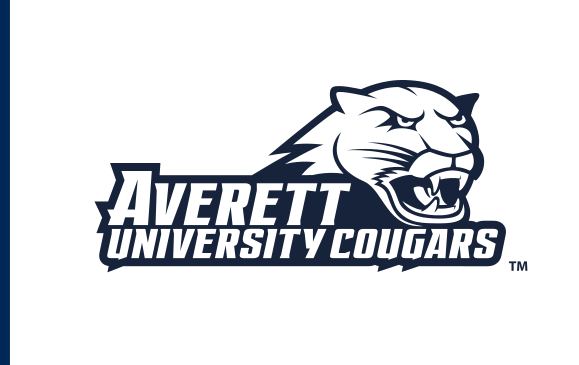 Averett University Cougars wordmark with cougar head, horizontal banner black/white variant, cell 91