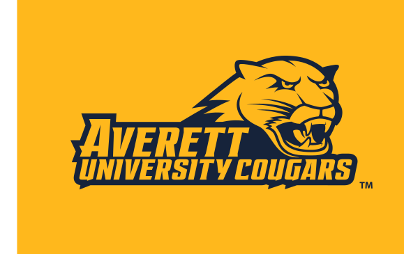 Averett University Cougars wordmark with cougar head, horizontal banner navy/white on orange variant, cell 92