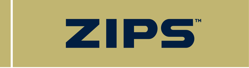 ZIPS wordmark, navy on gold background variant, cell 42