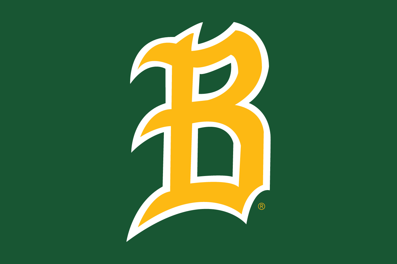 baseball B lettermark, gold with white outline on green variant, cell 65