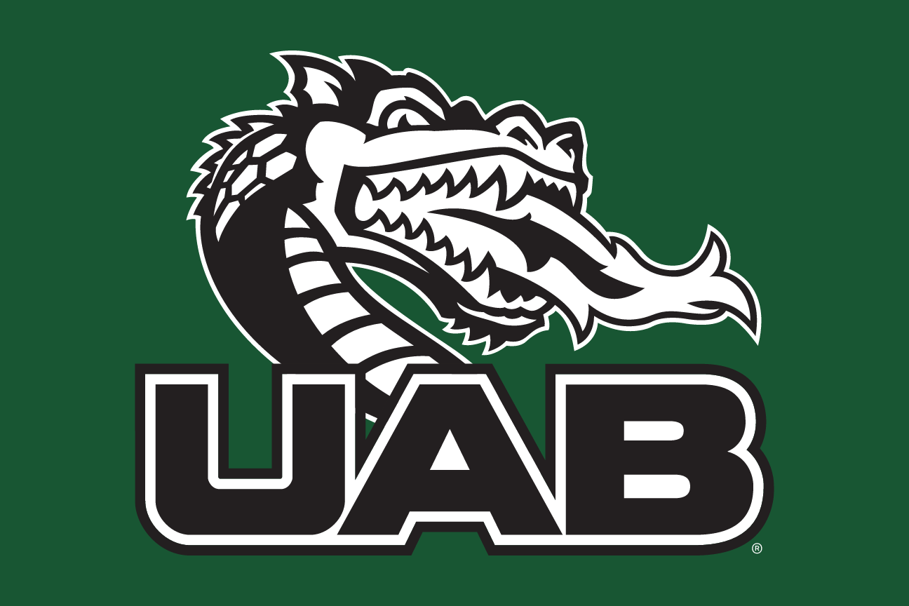 Dragon head with UAB, white outline on green variant, cell 89