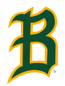 baseball B lettermark, gold with green outline variant, cell 62