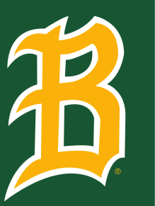 baseball B lettermark, gold with green outline variant, cell 67