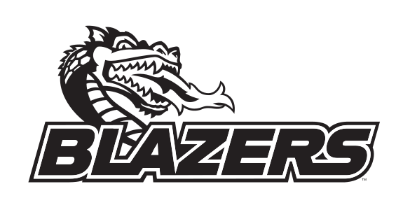 dragon head with BLAZERS wordmark, black and green on white background variant, cell 104