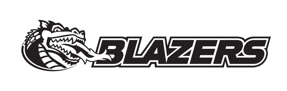 dragon head with BLAZERS wordmark, horizontal, black and green on white background variant, cell 106