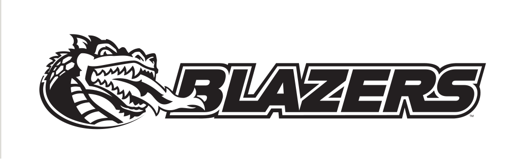 dragon head with BLAZERS wordmark, horizontal, black and white on white background variant, cell 107