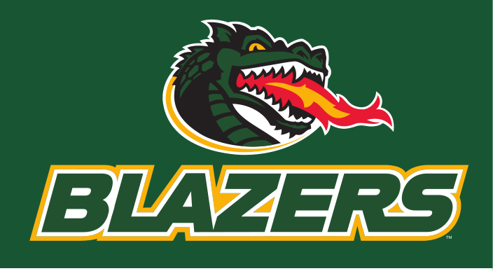 dragon head with BLAZERS wordmark, full color on green background variant, cell 113