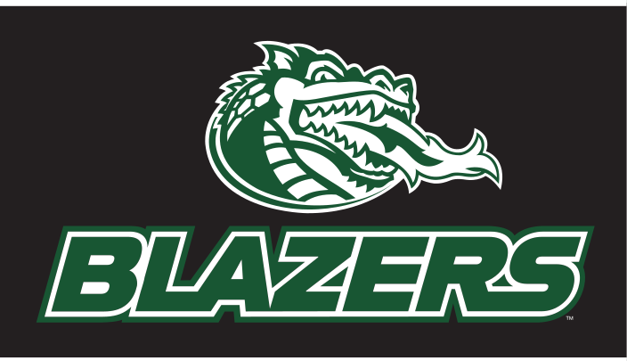 dragon head with BLAZERS wordmark, full color on black background variant, cell 115