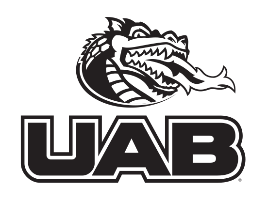 dragon head with UAB wordmark, black on white background variant, cell 129