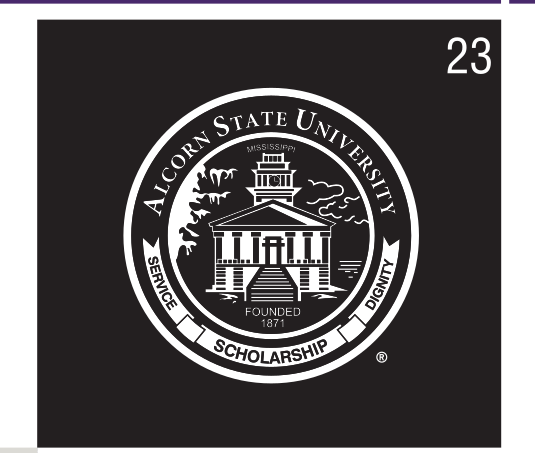 Alcorn State University seal, white on black variant, cell 23