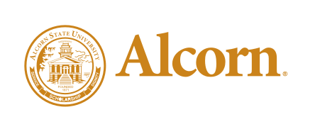 Alcorn wordmark with seal, gold and white variant, cell 26