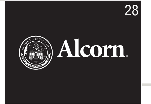 Alcorn wordmark with seal, white on black variant, cell 28